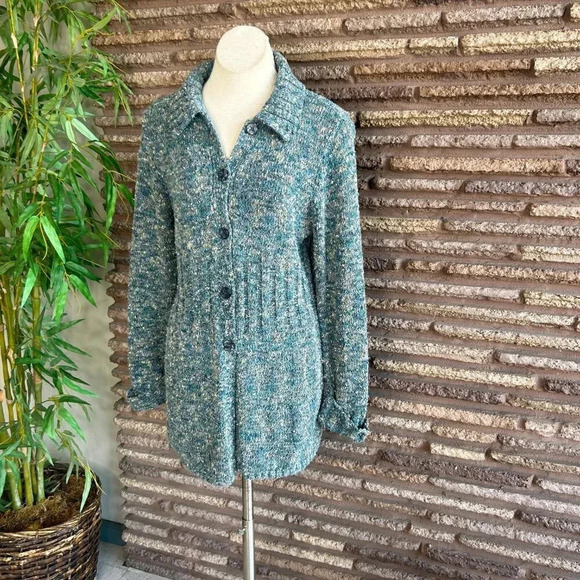 Sigrid Olsen Aqua Blue Marl Tunic Length Cardigan Sweater Size Small - Picture 1 of 8